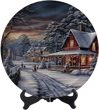 Winter Country Christmas Decorative Plate Handmade Ceramic Wall Hanging Ceramic Plate for Home Decor Porcelain Plates with Display Stand - 7 Inches