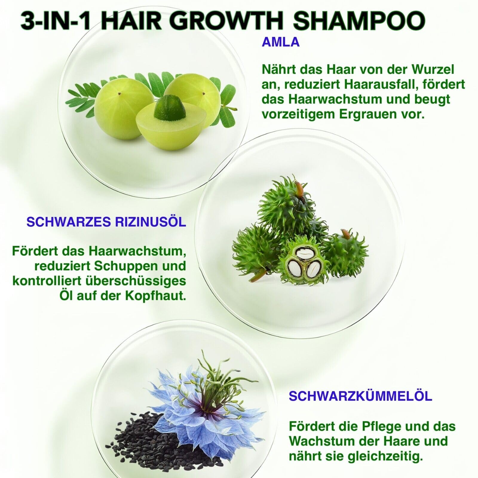 P-BEAUTY szampon na porost włosów 3 w 1, 3 x 300 ml, z olejkiem rycynowym, amla i olejkiem z czarnuszki, do pielęgnacji skóry głowy, wspomaga gęste i błyszczące włosy, wegański