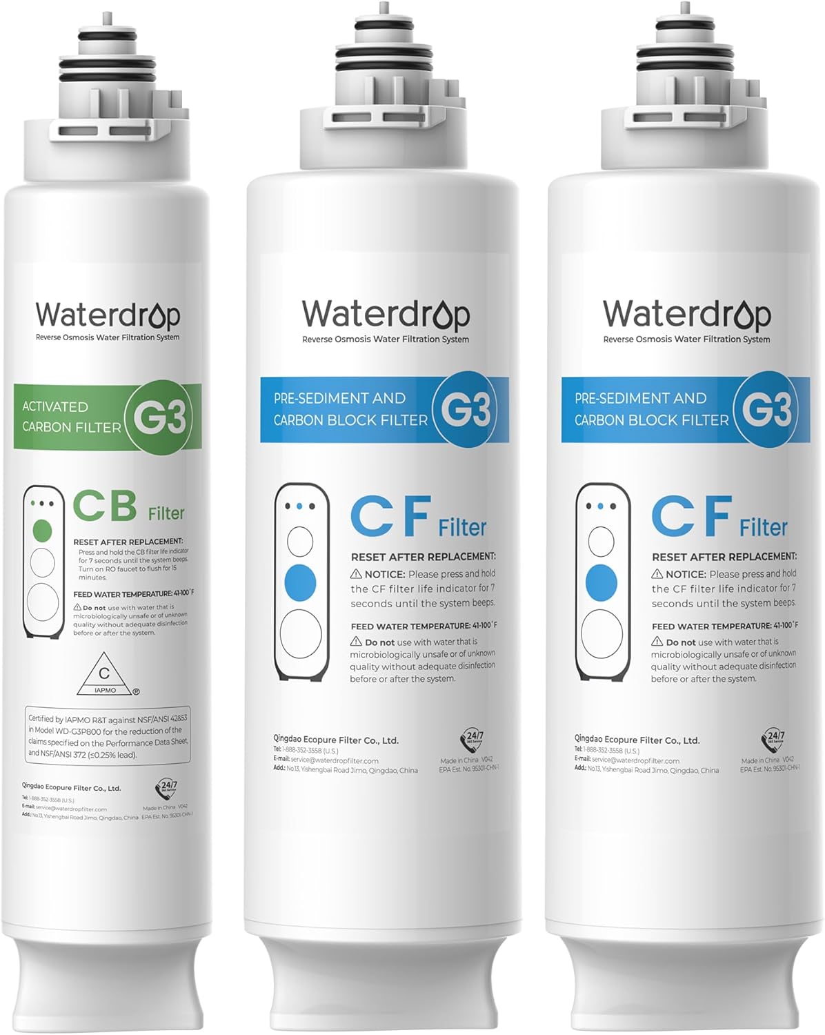 Waterdrop G3 Filtro de repuesto para 1 año, paquete de 2 filtros WD-G3-CF y 1 filtro WD-G3-CB, repuesto para sistema de ósmosis inversa WD-G3-W,