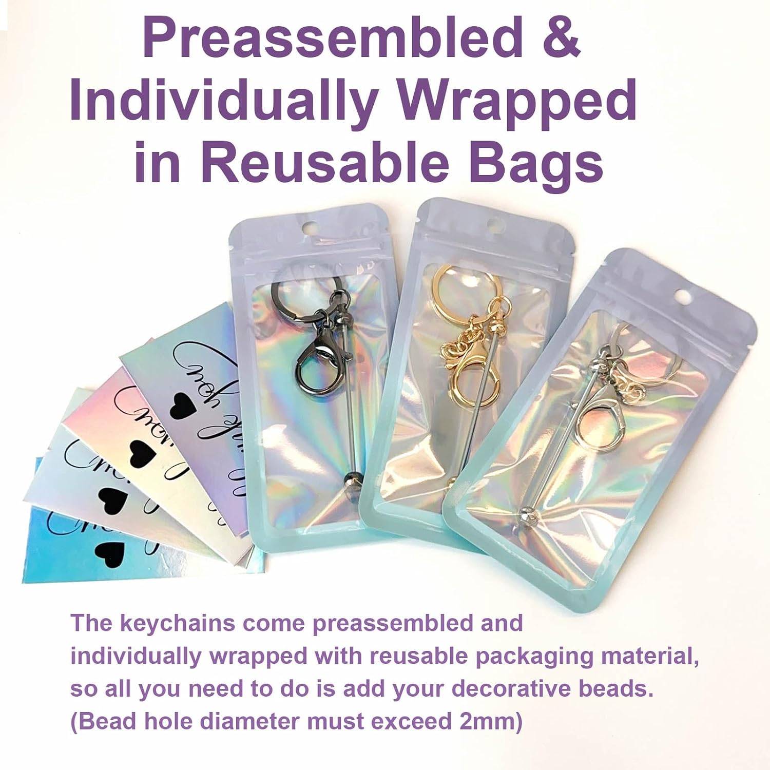 42/84/126 Pcs Beadable Keychain Bars Bulk Blank DIY Beaded Keychain Making Supplies with Bag Thank You Card