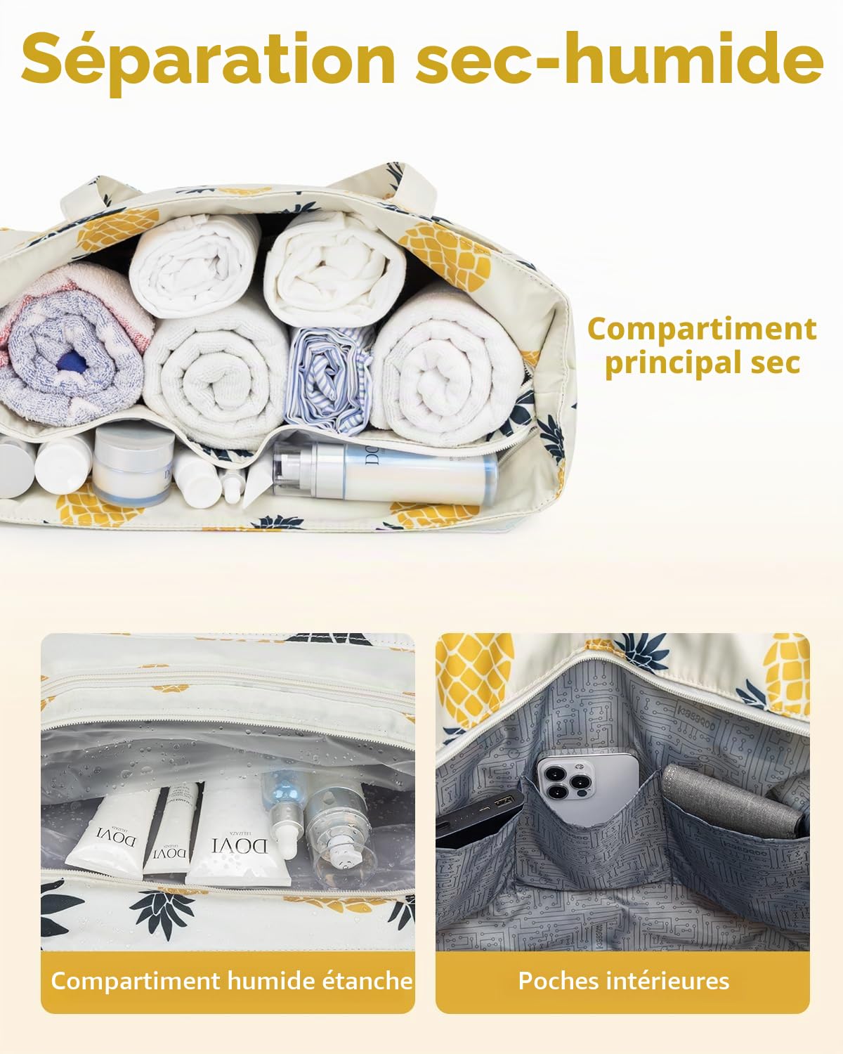 KABAQOO Sac de Plage XXL Famille avec Fermeture Éclair et Compartiment Humide Sac Cabas Piscine Femme Grand Multipoches