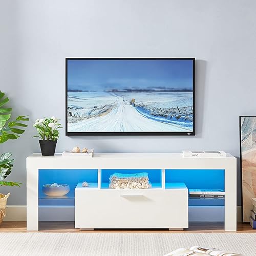 Miniatura 7 de Soporte de TV para televisores de 55+ 60 pulgadas, soporte de TV blanco Morden con luces LED, centro de entretenimiento de alto brillo con gabinete