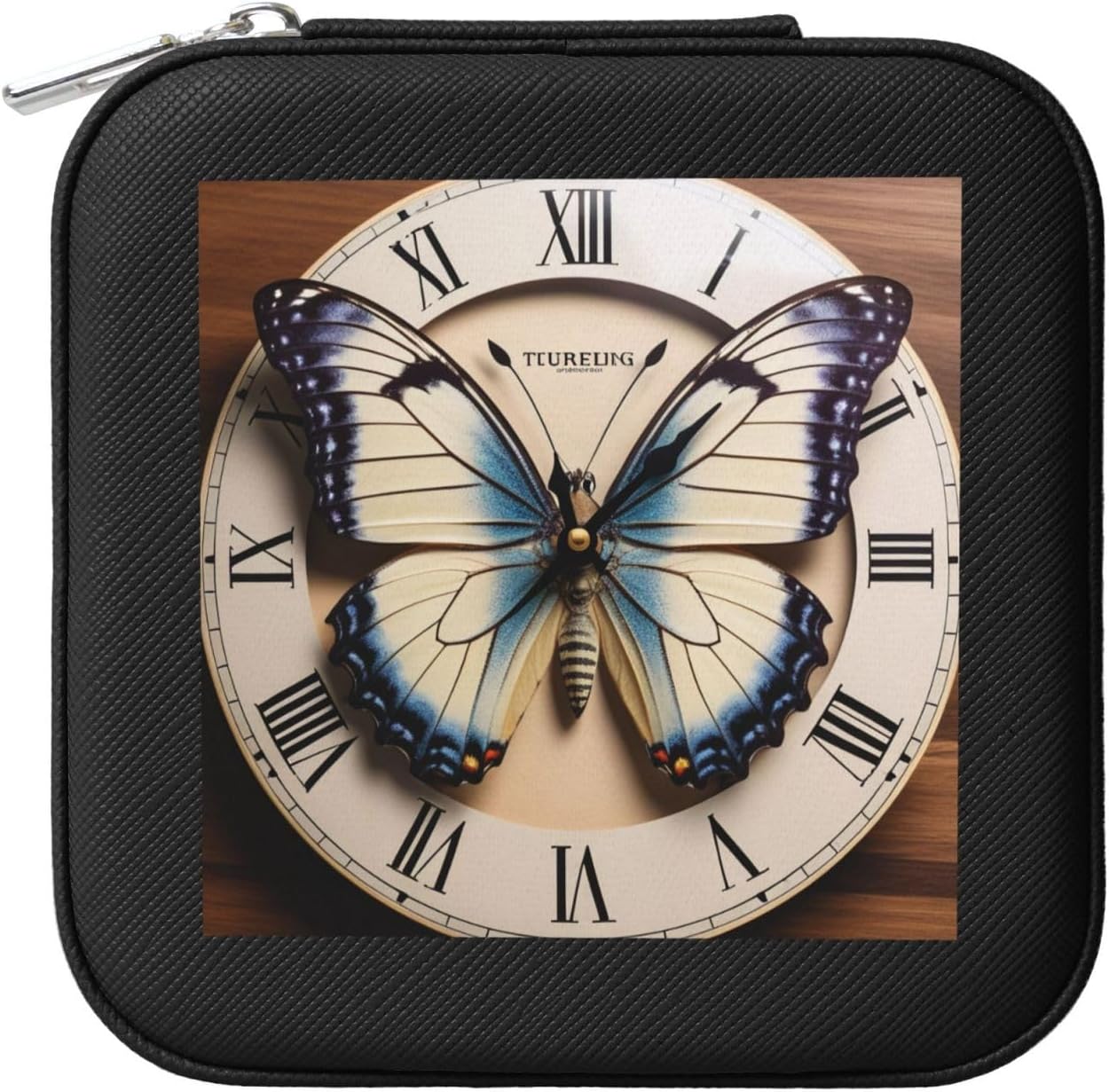 ZhongGuo Clock Butterfly Printed Small Jewelry Box Square Case,Travel Portable Jewellery Storage Boxes Organizer for Women Mens