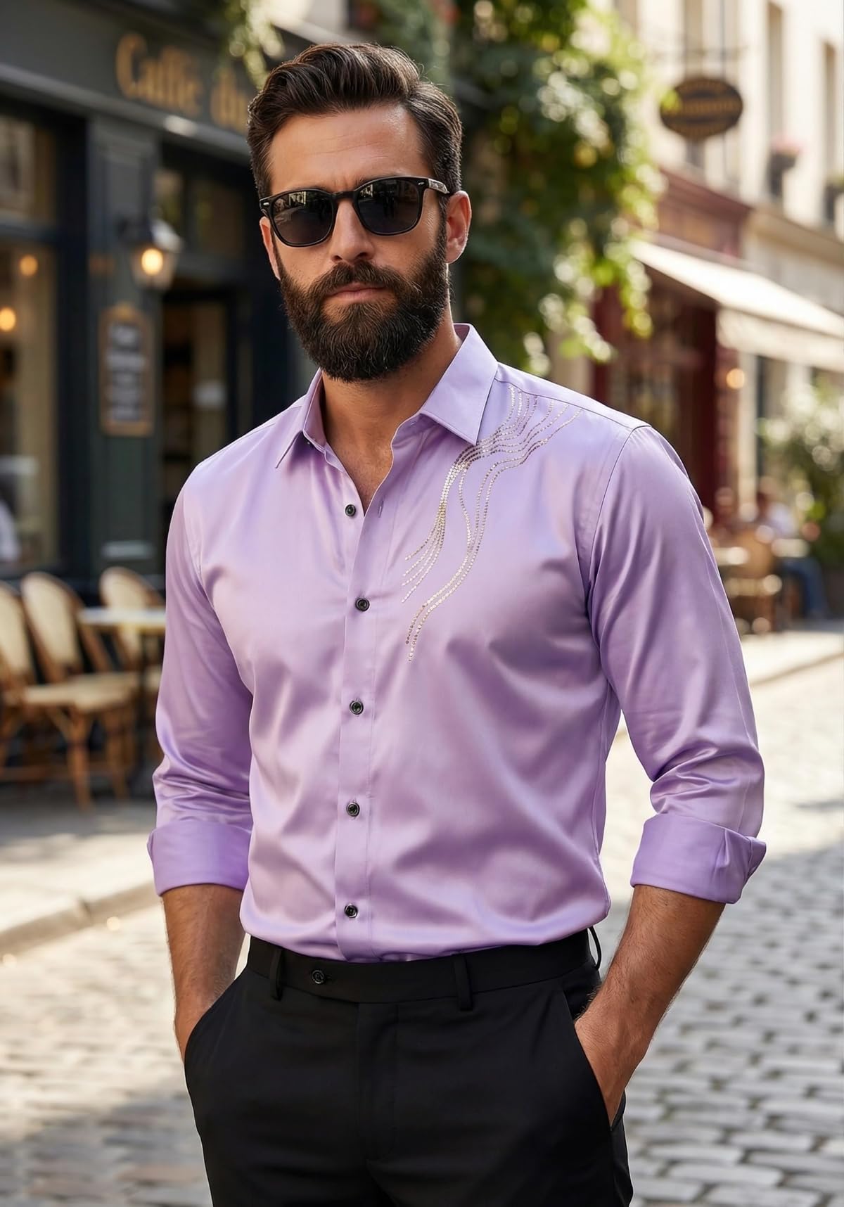 IndoPrimo Elegante camisa de satén para hombre, corte normal, estilo casual, estilo de diseñador, trabajo de piedra, fiesta, manga formal