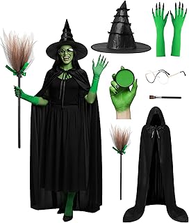 Disfraz de bruja para mujer, 7 piezas de sombrero de bruja, capa con capucha, color verde, kit de cuerpo decorativo para la cara, guantes largos con clavos, gafas y escoba, conjunto de accesorios de cosplay de Halloween para adultos