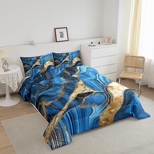Miniatura 2 de Erosebridal Juego de edredón de mármol azul matrimonial, ropa de cama dorada agrietada para niños y niños, juegos de edredón de textura metálica