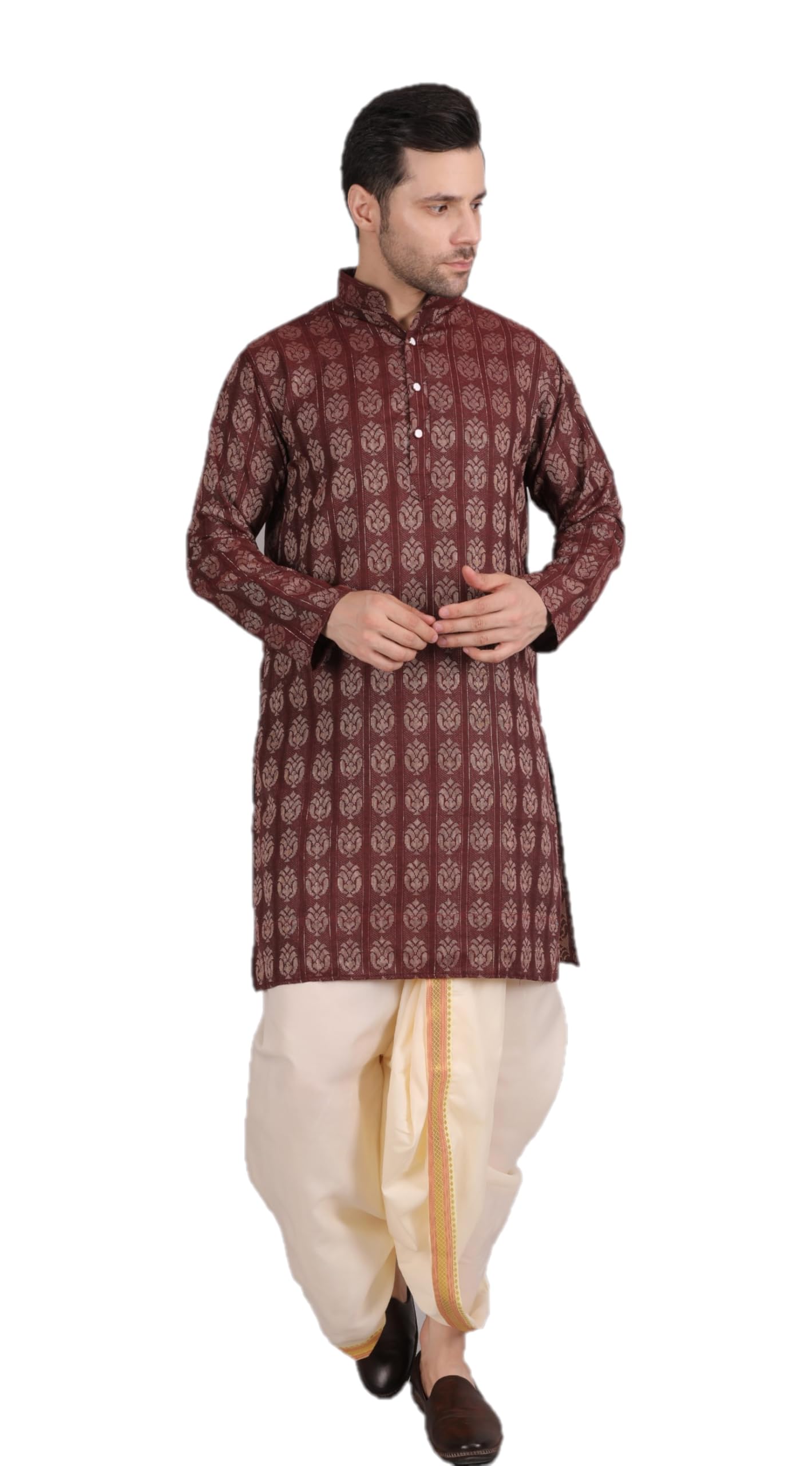 Men's Traditional Booti Kurta with Cream Dhoti Set, Silk Cotton Blend, Regular Fit-image-1