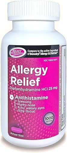 RIGHT REMEDIES Medicamento para aliviar la alergia, antihistamínico, difenhidramina HCl 25 mg, Benadryl Ultratabs, alergias respiratorias superiores