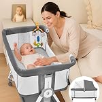 Baby Bassinet Bedside Sleeper, Madewell Living 4-in-1 Bedside Bassinet with Wheels, 6-Height Adjustable Bassinet with Soft Mattress, Mosquito Net for Newborns & Infants