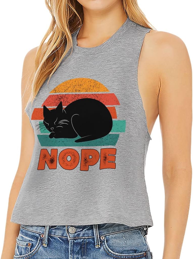 Cat Print Racerback Cropped Tank - Lazy Women's Tank - Art Tank Top - Athletic Heather, XL