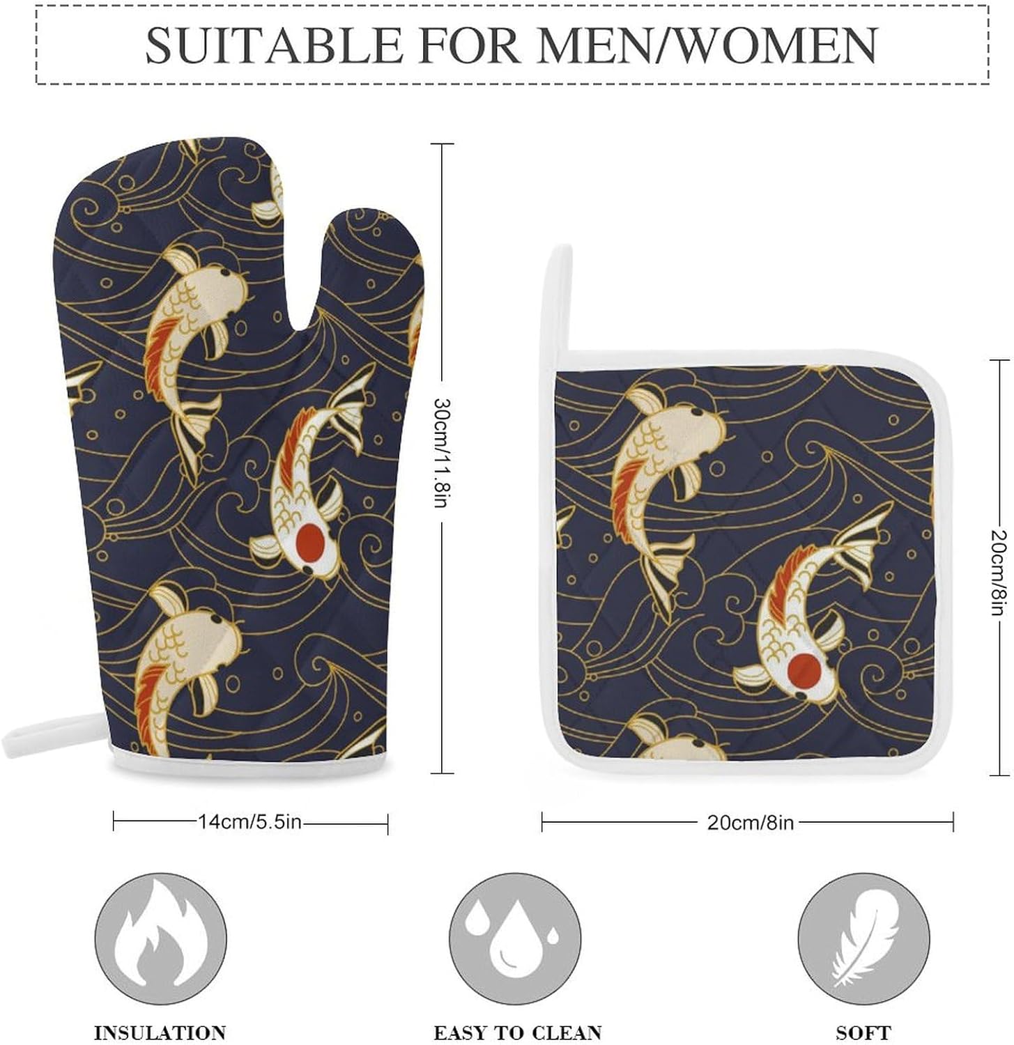 Japan Waves Fish Print Oven Mitts and Pot Holders 3 Piece Sets Heat Resistant Gloves Hot Pads Potholders for Kitchen Baking Cooking