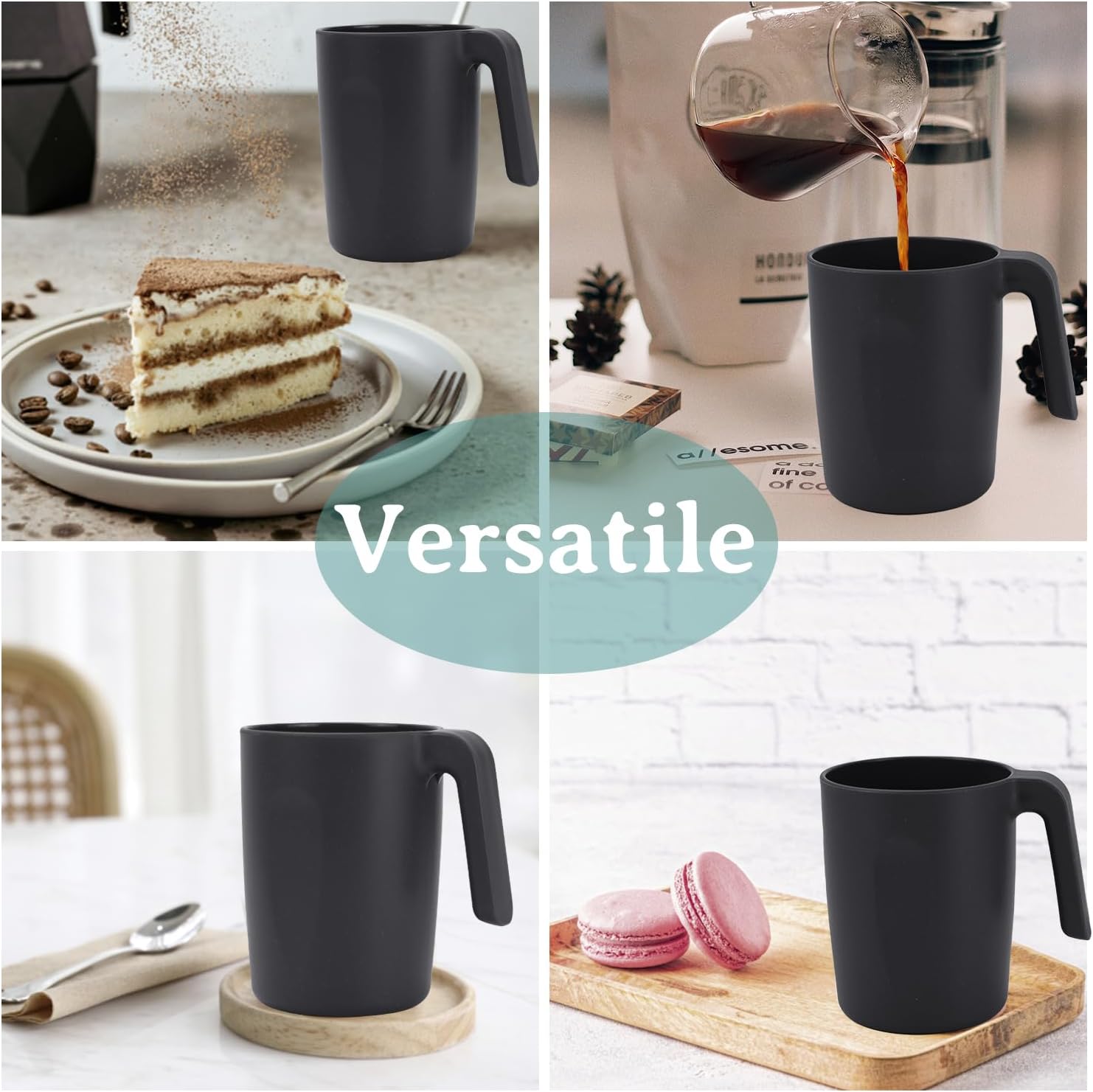 Wrova 16oz Wheat Straw Cups with handles set of 6-Plastic Cups Reusable-Unbreakable Kids Mugs-Dishwasher Safe & Microwave Safe-Ideal Plastic Mugs for Tea,Coffee,Camping,RV-Black - Image 4