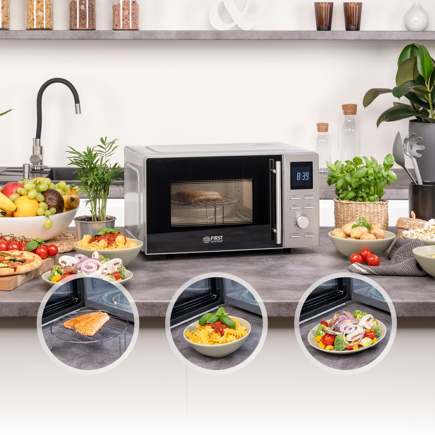 TZS First Austria microondas con función grill | 20L de capacidad (bruta) | función de inicio rápido | pantalla LCD | 8 programas automáticos | acero inoxidable
