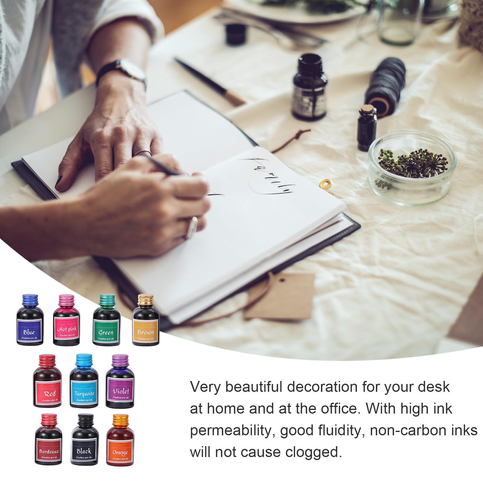 Tofficu Encre pour Stylos-plumage 10 Flacons en Verre 10 Couleurs Vives Séchage Rapide Haute Fluidité pour Calligraphie et Dessin