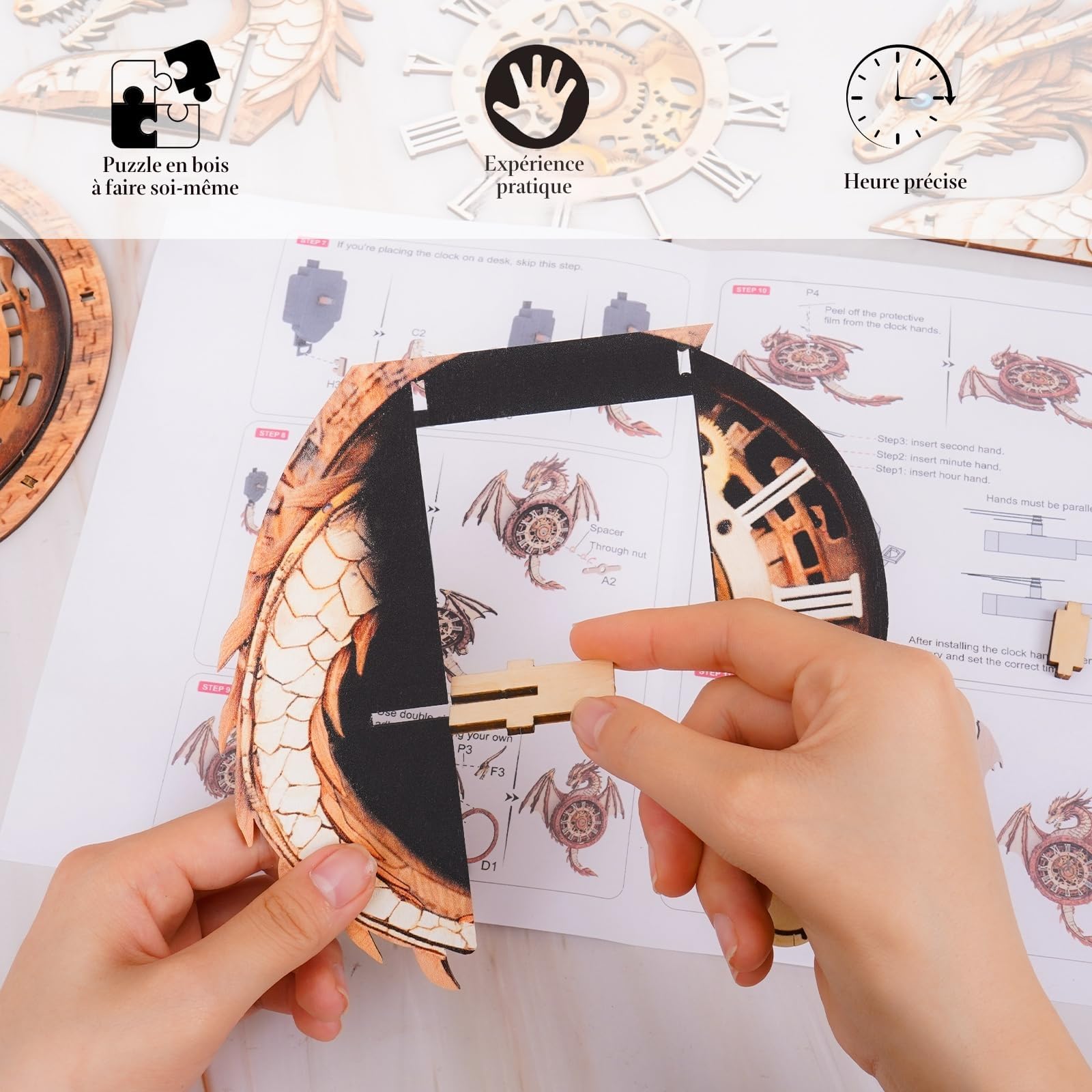 Puzzle 3D pour adultes-montre dragon avec horloge fonctionnelle, puzzle en bois 3D (33 x 37,3 cm), puzzle 3D animaux de bureau/décoration murale pour la maison/cadeaux pour amis/nuit de