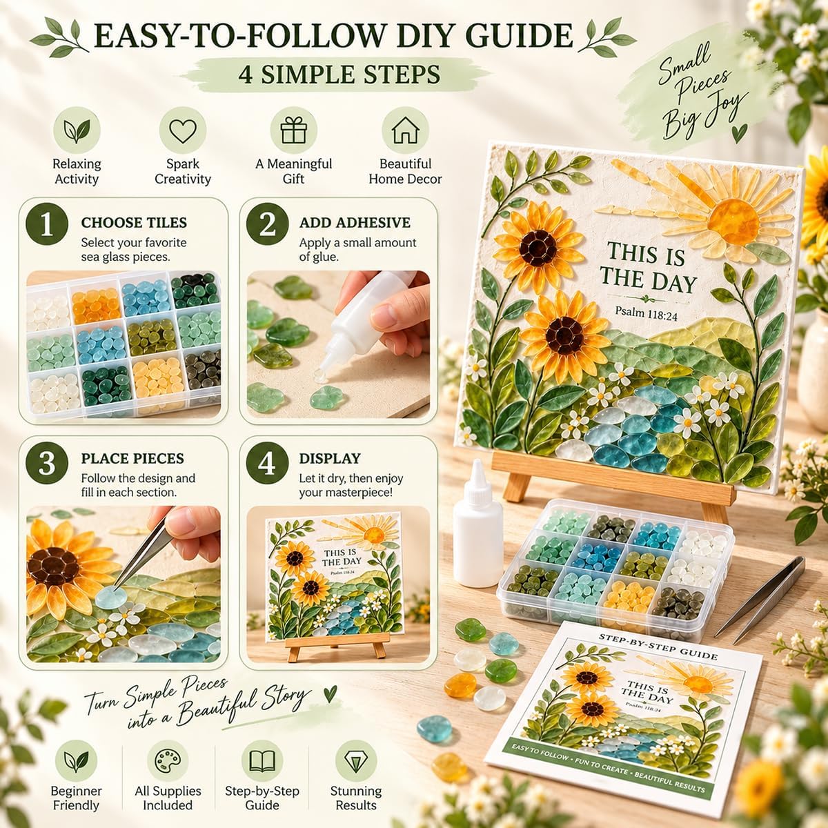 Vorzeth This is The Day Sea Glass Art Kits for Adults, Psalm 118:24 DIY Sea Glass Mosaic Craft Kit with Sunflower Design, Creative Art Project, Meaningful Gift & Faith-Inspired Home Decor