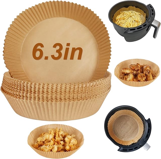 YQL Air Fryer Parchment Paper Liners, 6.3 Inch Disposable Air Fryer Liners Round 50pcs Non Stick Greaseproof Paper Sheets for Air Fryer Basket Compatible with Ninja,Tower,Cosori Air Fryer and More
