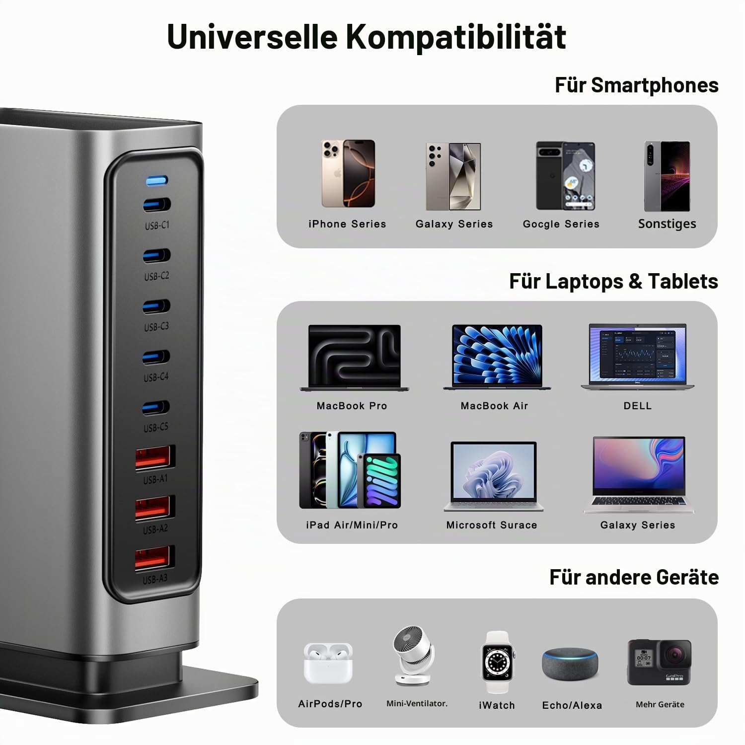 600W GaN USB C Ladestation, 8 Ports USB C Netzteil (mit 5 Typ-C-Anschlüssen und 3 USB-A); PD 3.1 Desktop-Mehrgeräte-Ladegerät, kompatibel mit MacBook Pro/Air, iPad Pro/Air, iPhone, Samsung Galaxy