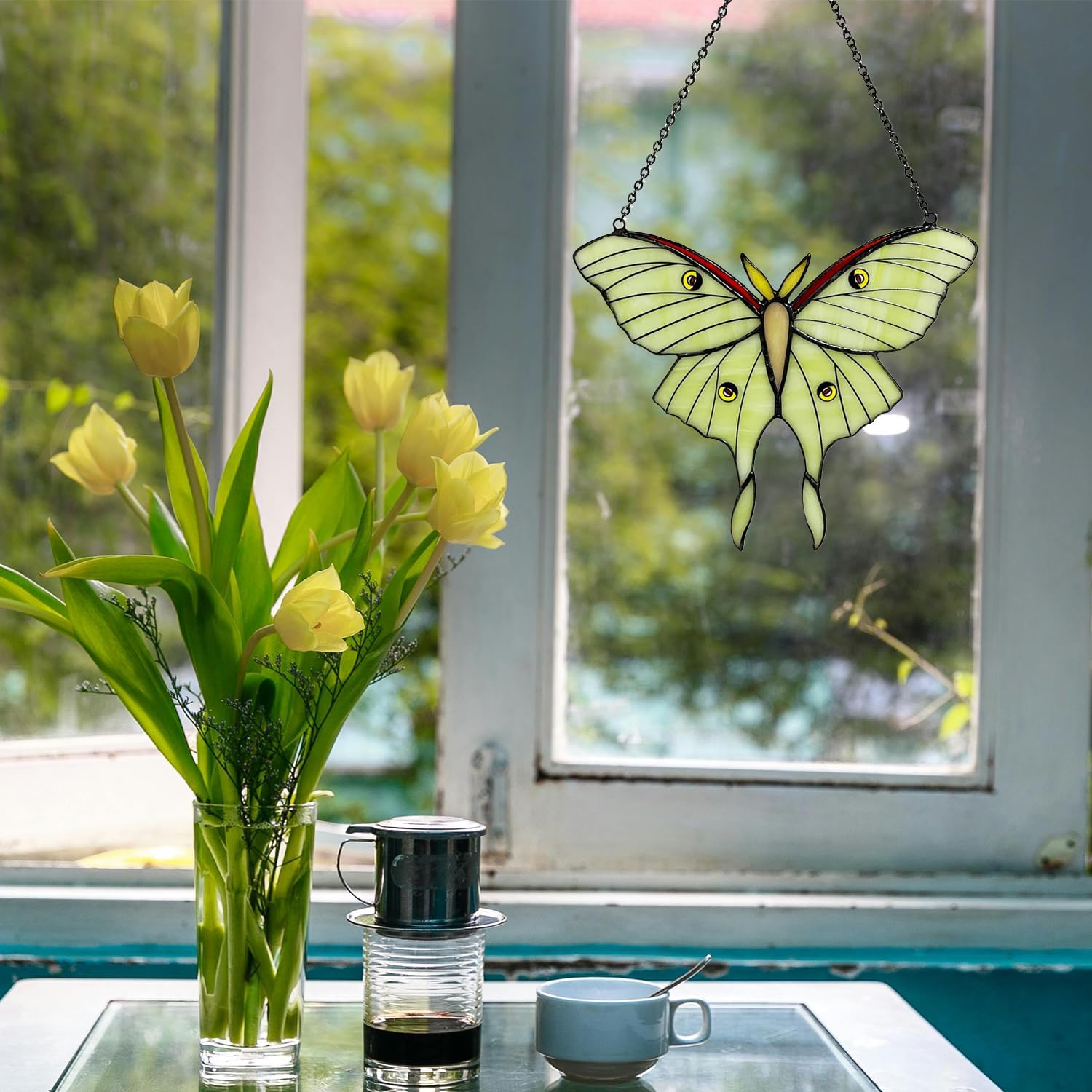 Green Luna Moth Stained Glass Window Hanging, Handmade Sun Catcher Glass Panel Wall Art Decor with Chain, Luna Moth Gifts for Women Mom Grandma, Outdoor Indoor Art Decor for Home Garden - Image 8