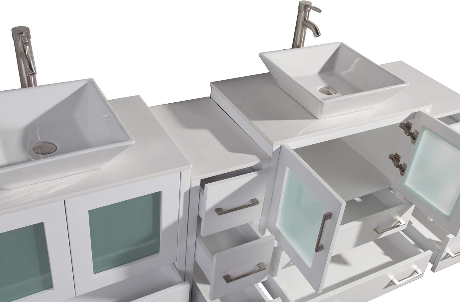 Vanity Art 84 Inch Vessel Double Sink Bathroom Vanity Cabinet with 2 Mirrors, Engineered Marble Top Bathroom Cabinet Compact Set with 10 Dovetail Drawers and Soft Closing Doors, VA3130-84-W