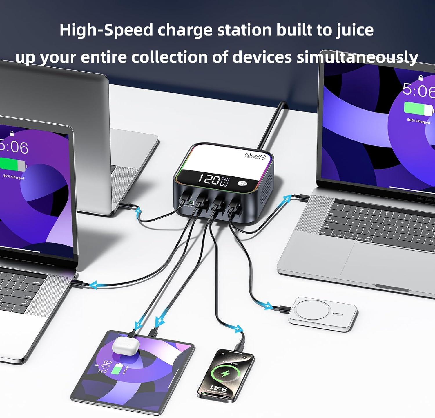120W GaN USB C Charger Block Fast Charging, MultiPort USB Charging Station with Rainbow Gradient Light & LED Display for iPhone, Samsung Galaxy, iPad, Tablet, Laptop, Drones, Headphones
