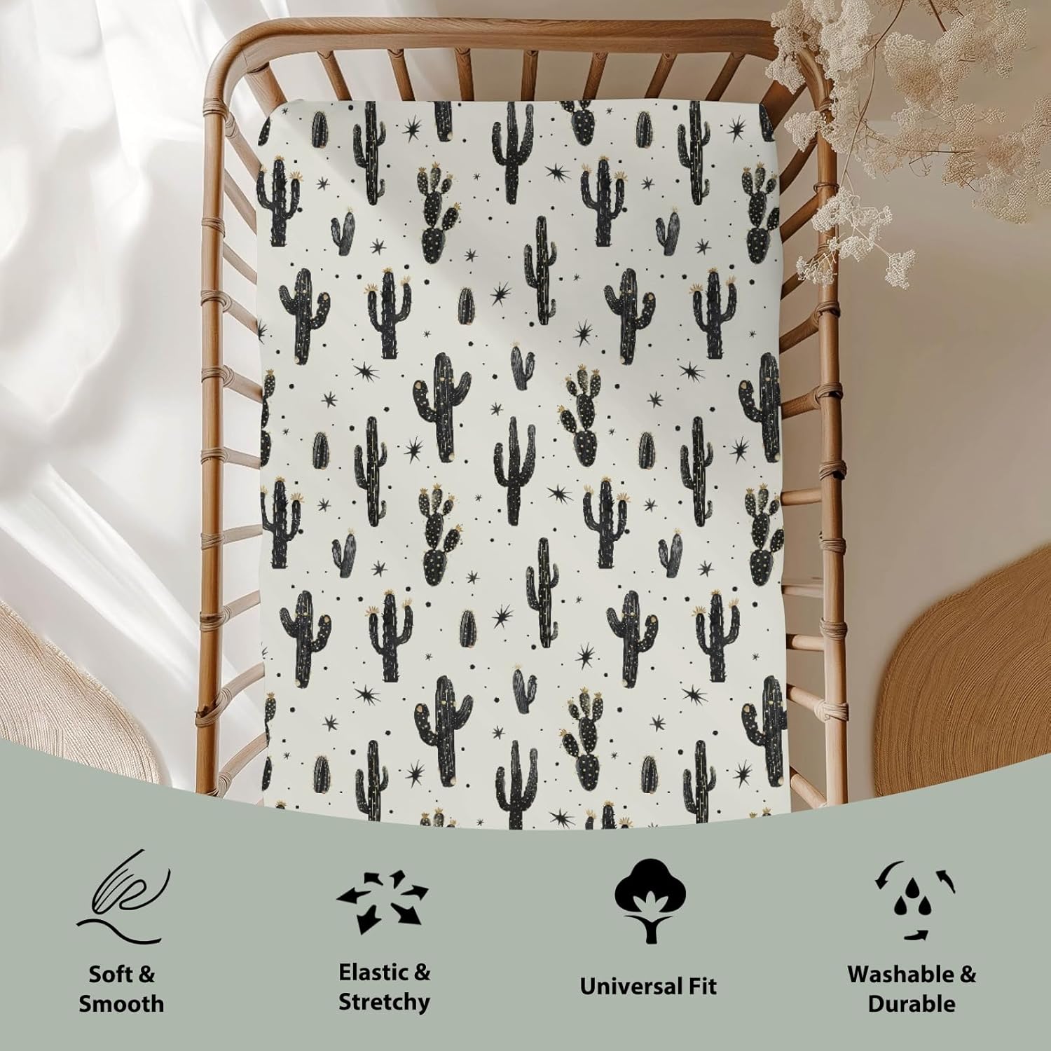 Minimalist Boho Cactus Baby Crib Sheets for Boy Girl 52"x28" Vintage Cactus Floral Soft Snug Fitted Crib Mattress Cover Wild Desert Plant Nursery Baby Sheet for Standard Crib & Toddler Bed Mattress