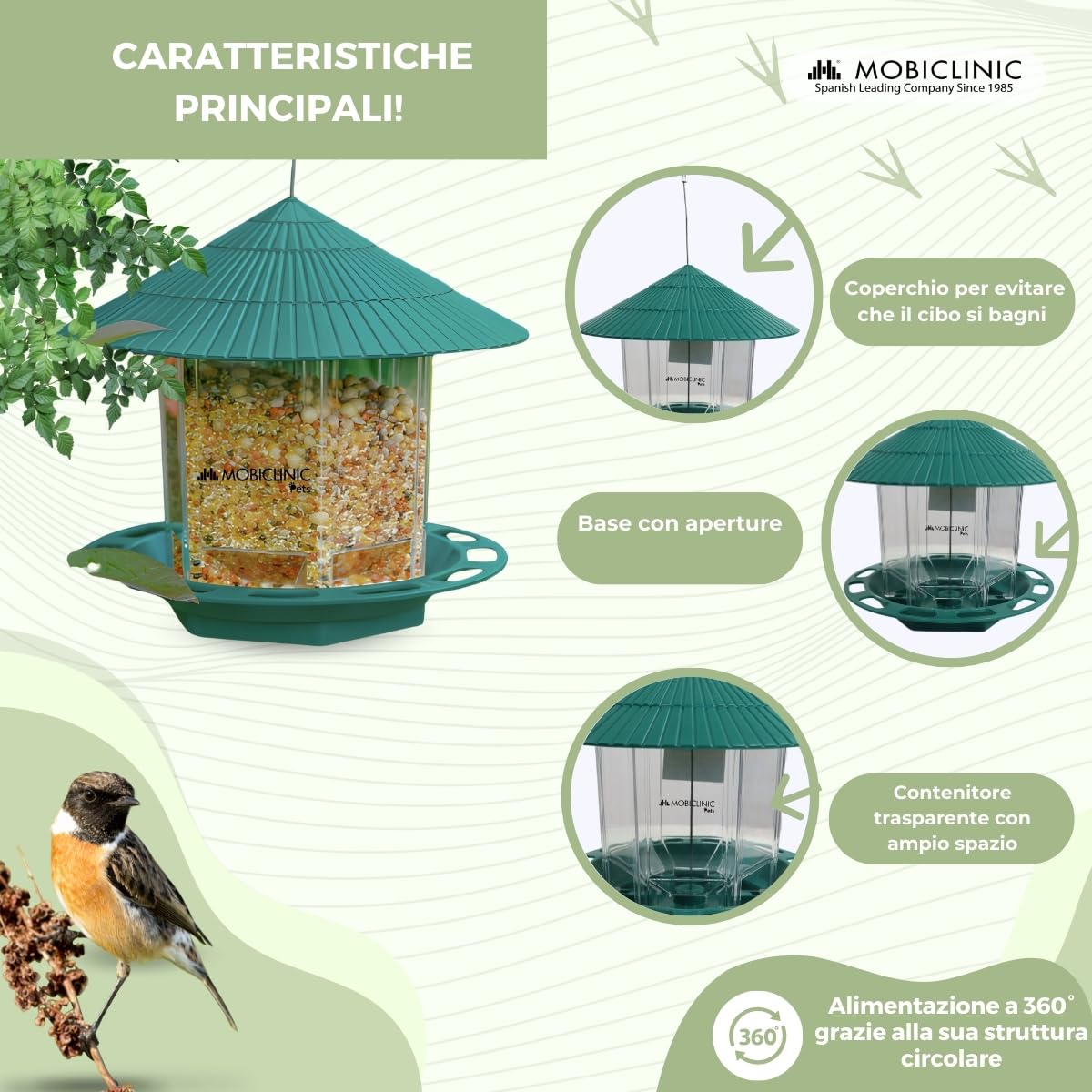 Mobiclinic Mangiatoia per Uccellini da Esterno 1,2L Balcone Giardino Decorativa