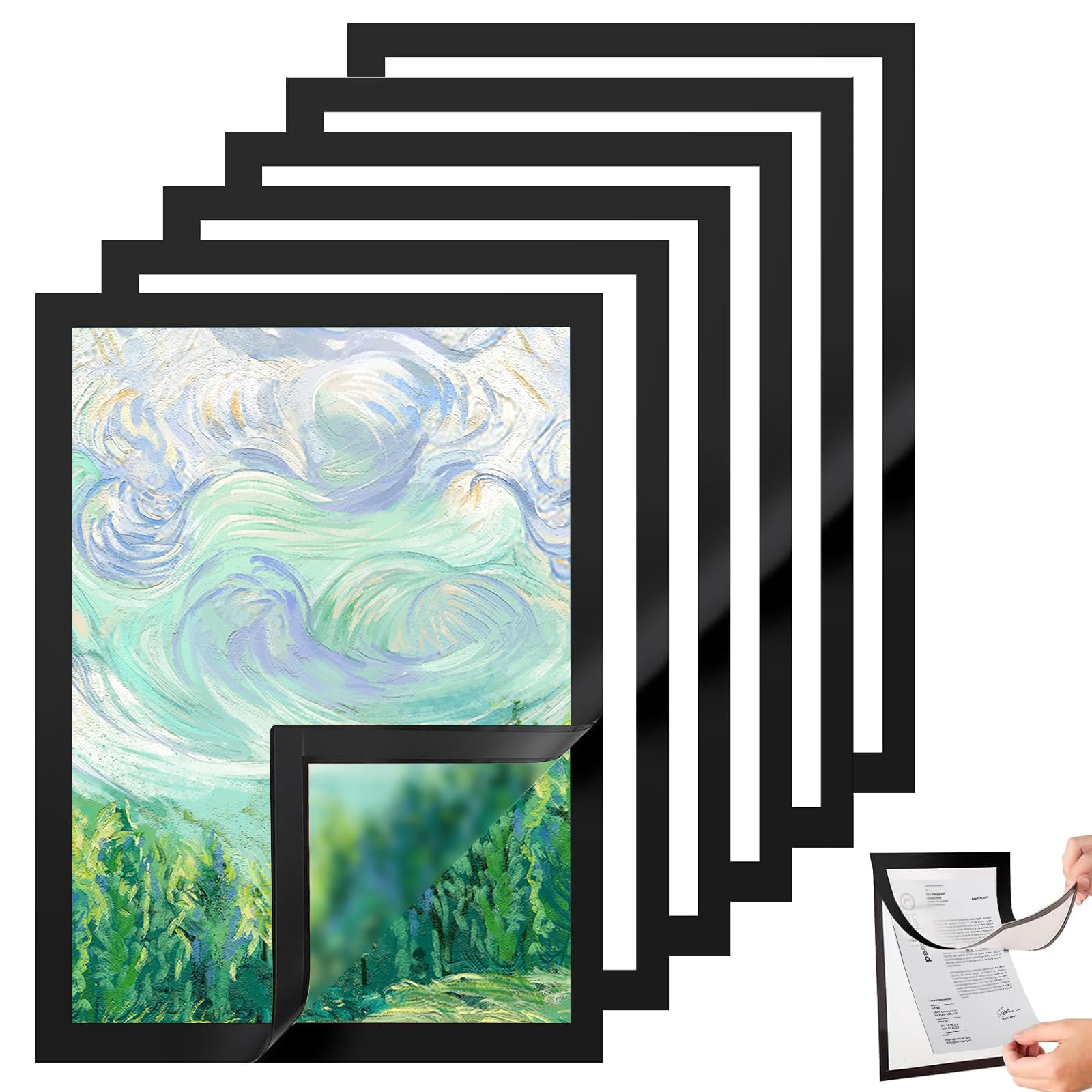 Magnetic Photo Frames A3,ESYFOR 6 Pcs Magnetic Display Frame Self Adhesive Waterproof Magnet Poster Frame Clear Information Frame for Paintings, Photos, Notices, Ads, Certificate, Poster (Black)