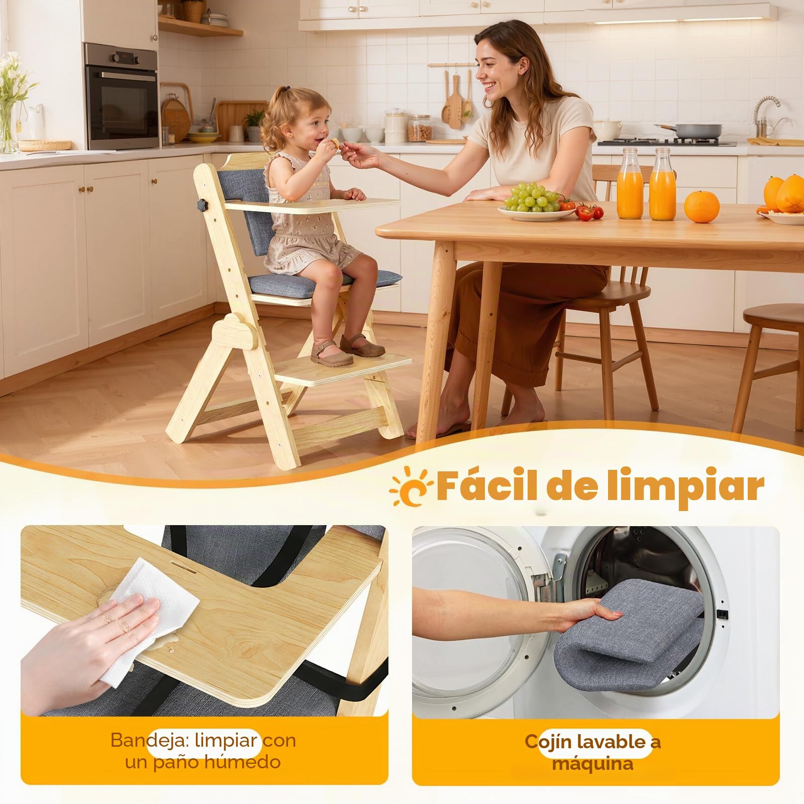 Trona de madera multifunción ergonómica con cinturón de seguridad de 5 puntos para bebés de 6 meses a 10 años, capacidad de carga de 25 kg, fácil montaje
