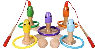 TOWO Wooden Skittles Game - Fishing Game and Quoits Ring Toss Game 3 in 1 - Kids Bowling Game Activity Toys - Magnetic Fishing Game - Wooden Toys for 3 year old