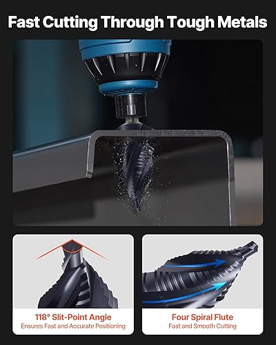 Miniatura 4 de VEVOR Broca escalonada, 316 a 1-38 pulgadas, vástago triangular de 38 pulgadas, acero de cobalto de alta velocidad con revestimiento TiAlN, cuatro