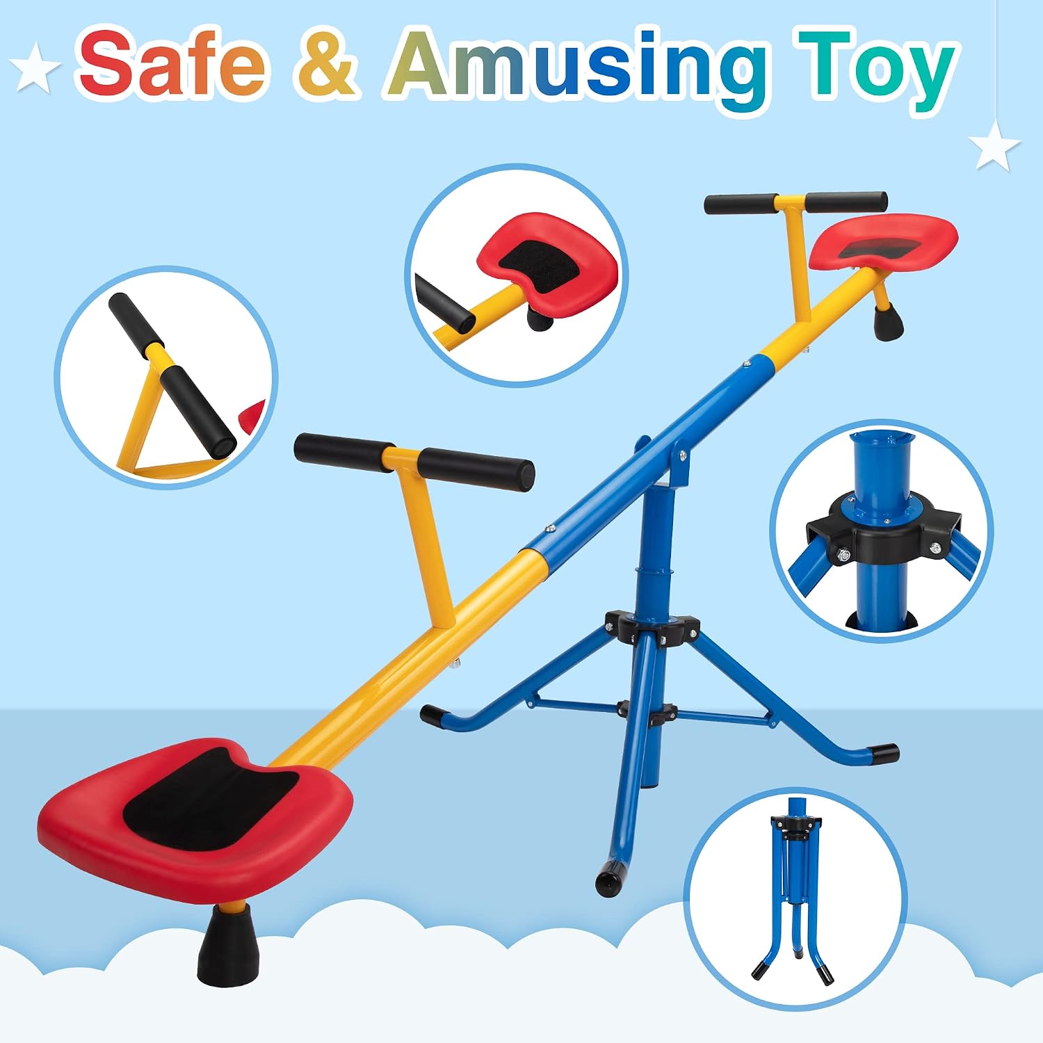 Nyeekoy Swivel Seesaw with callouts for safety features