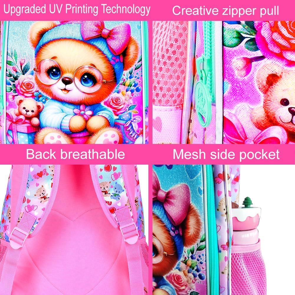 KLFVB 3PCS Girls Bear Bookbag, Water Resistant Kids Backpack with Lunch Box, 16" Preschool Backpacks for Elementary - Bear Pink - Image 6