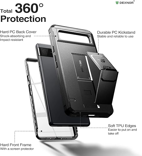 Miniatura 6 de Dexnor Funda de cuerpo completo para Google Pixel 6A, protector de pantalla y soporte integrados resistente protección de grado militar a prueba de