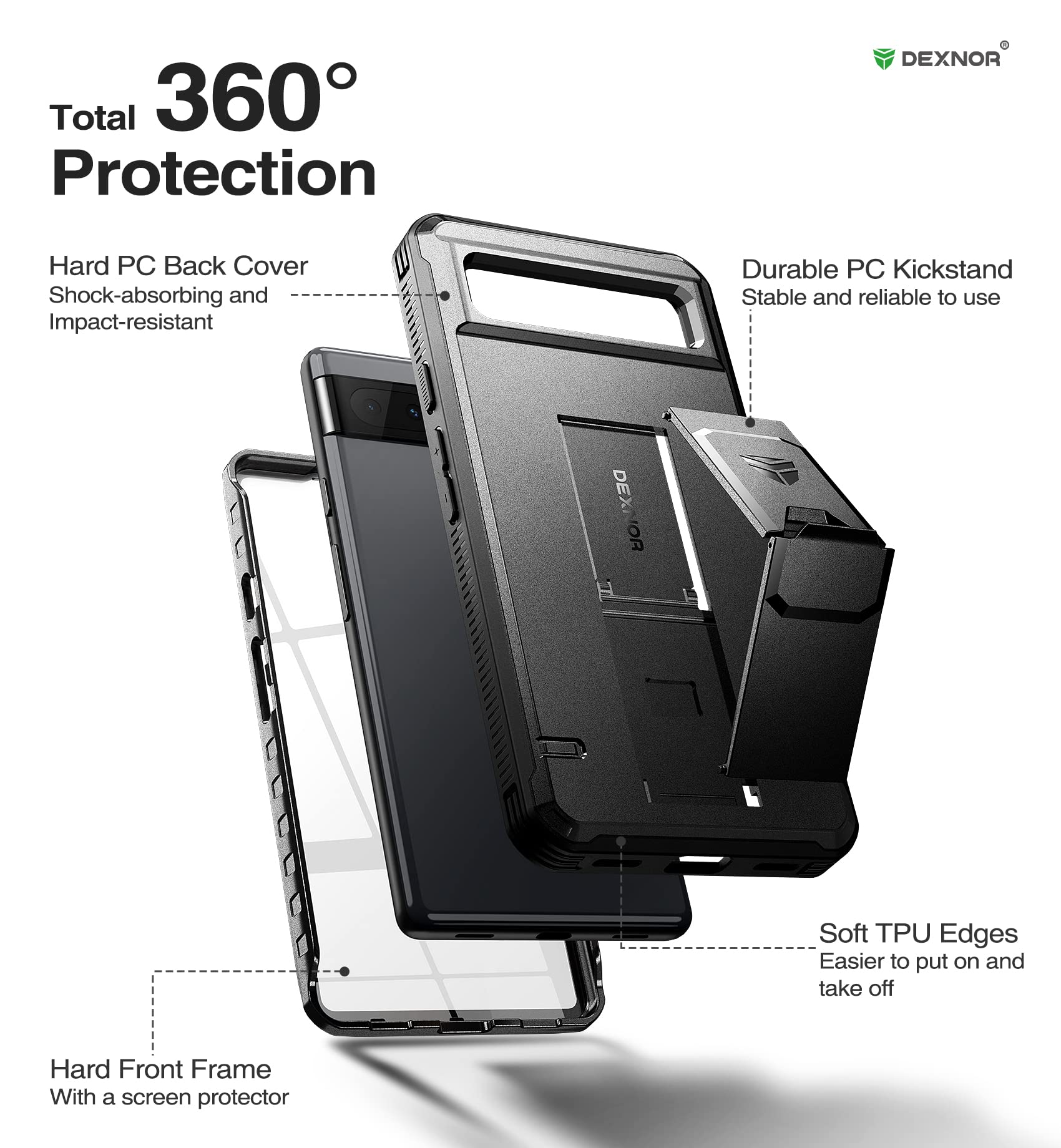 Encased FalconShield Custodia Per Google Pixel 6a Con Cavalletto E Protezione Schermo Integrata – Antiurto, Nero