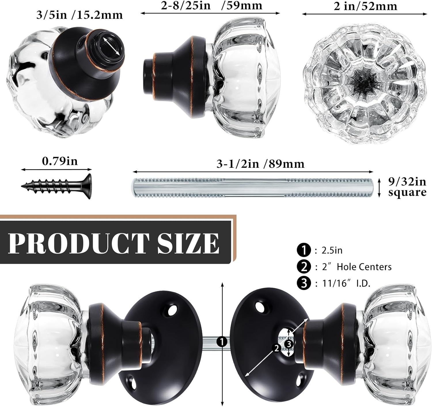 Amylove 1 Set Glass Door Knobs Antique Crystal Door Knobs Vintage Mortise Style Fluted Replacement Kit with 2-1/2 in Satin Brass Privacy for Bedroom Bathroom(Black)