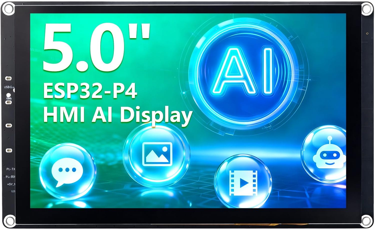 5 Inch ESP32-P4 Display, 800x480 IPS Touch Screen with ESP32-P4 & ESP32-C6, Up to 400MHz, Support Wi-Fi 6, Bluetooth 5.3 (BLE), AI Speech Interaction, Compatible with Arduino, ESP-IDF, LVGL