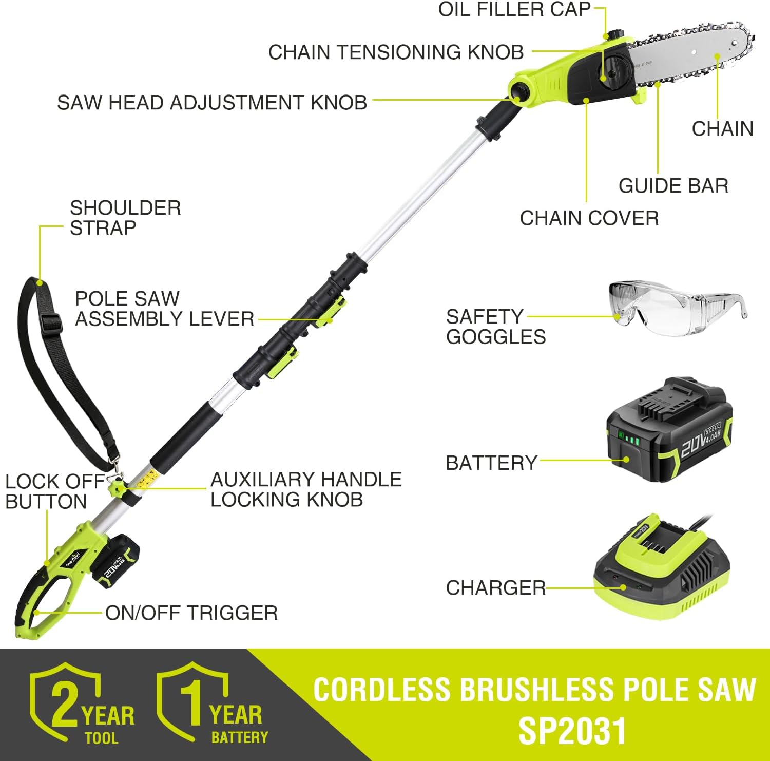 SnapFresh Brushless Cordless Pole Saw, 20V Lightweight Electric Tree Trimmer with 4.0Ah Battery & Fast Charger, 13 ft Reach,8” Cutting Bar, 3 Adjustable Angles, Auto-Oiling for Backyard Tree Trimming