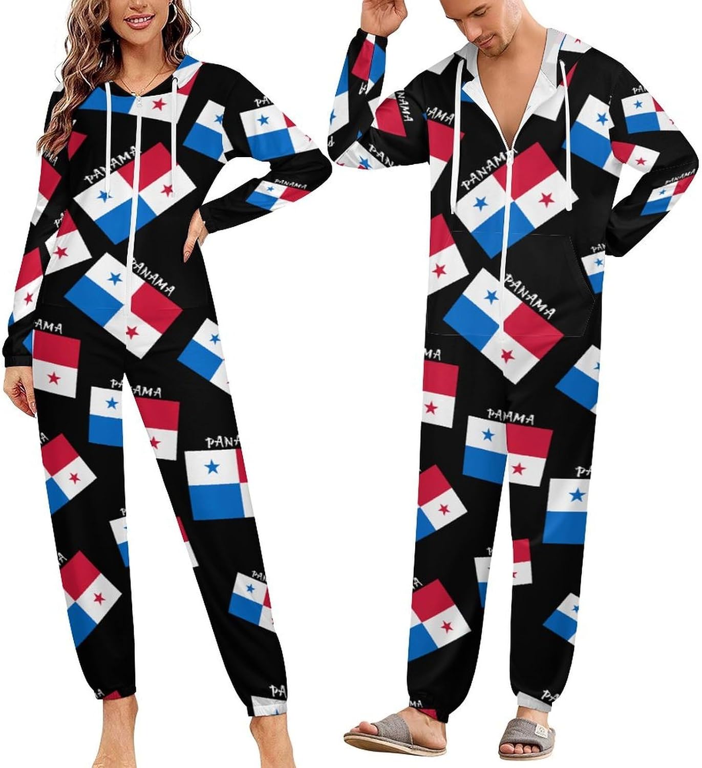 Flag of Panama Adult Pajamas Onesie with Hood Pocket Jumpsuits One Piece Sleepwear
