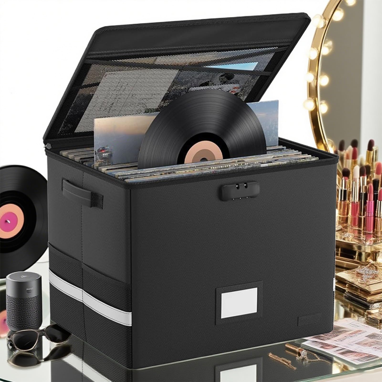 Générique Disco in vinile - Contenitore per dischi in vinile | Scatola portaoggetti con coperchio e maniglie per i tuoi preziosi album | Grande capacità per accessori in vinile e oggetti di valore