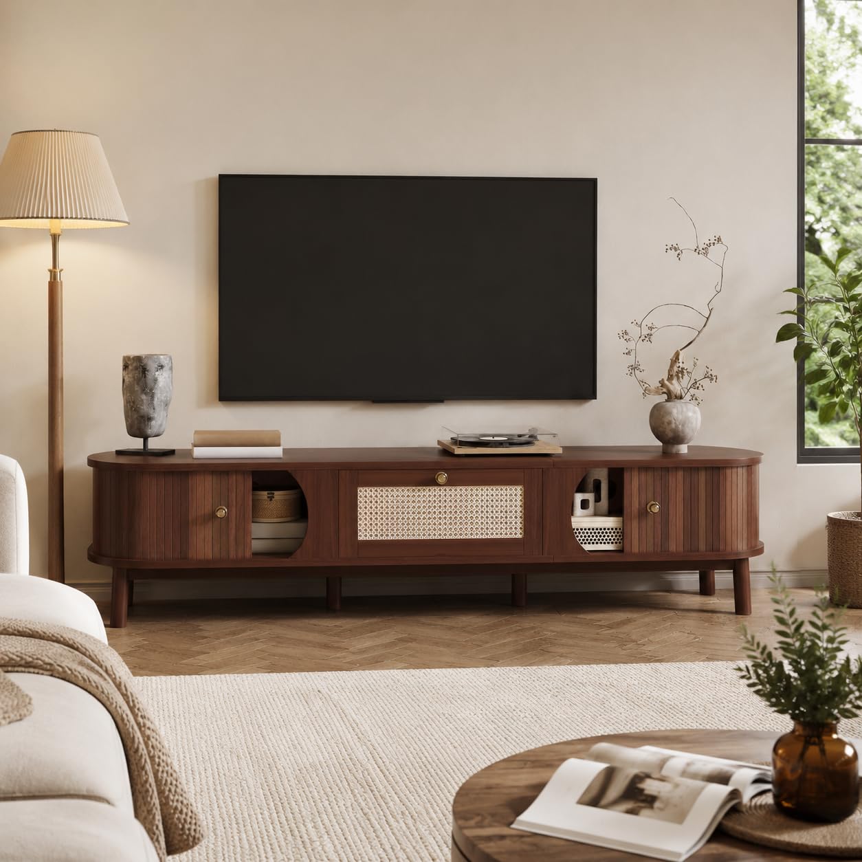 OLIVIBED TV Stand Cabinet 170 cm Long with Doors, Entertainment Center with Drawer, TV Table for 70 Inch TVs, Transitional Style, TV Unit for Living Room, Bedroom, Walnut — image 1