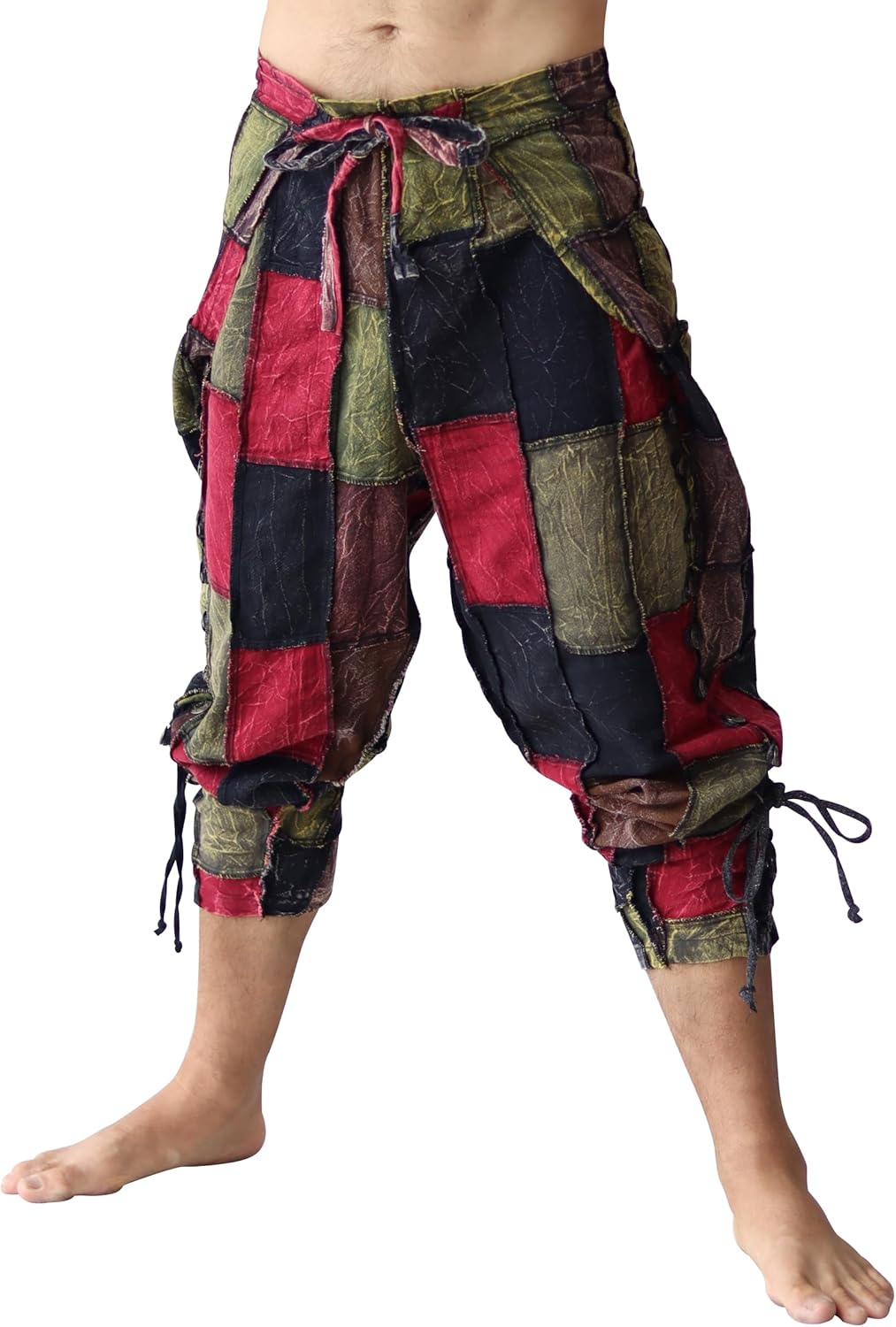 Stonewashed Muang Patch Tied Waist Strap Legs Pants in Blue Green Red sz XL