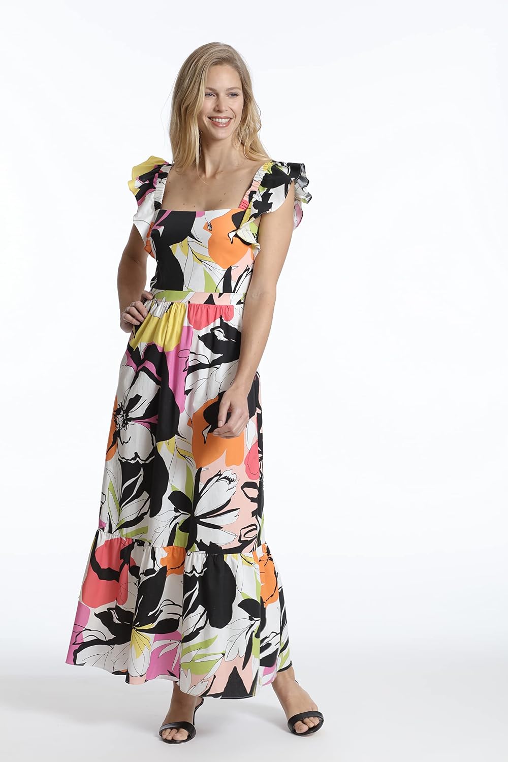 London Times Women's Women's Dresses Elastic Ruffle Sleeve Square Neck Maxi Dress Easy Summer Fun Vacation