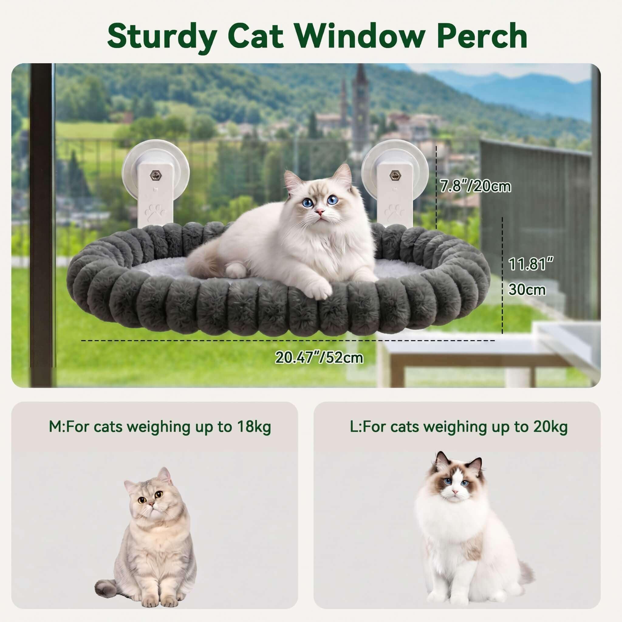 Fensterliege für Katzen, M (52x30cm), Grau | Für Katzen bis 18kg, Katzenhängematte Fenster, Waschbarer Bezug, Flauschiges Katzenbett, Mit Saugnäpfen