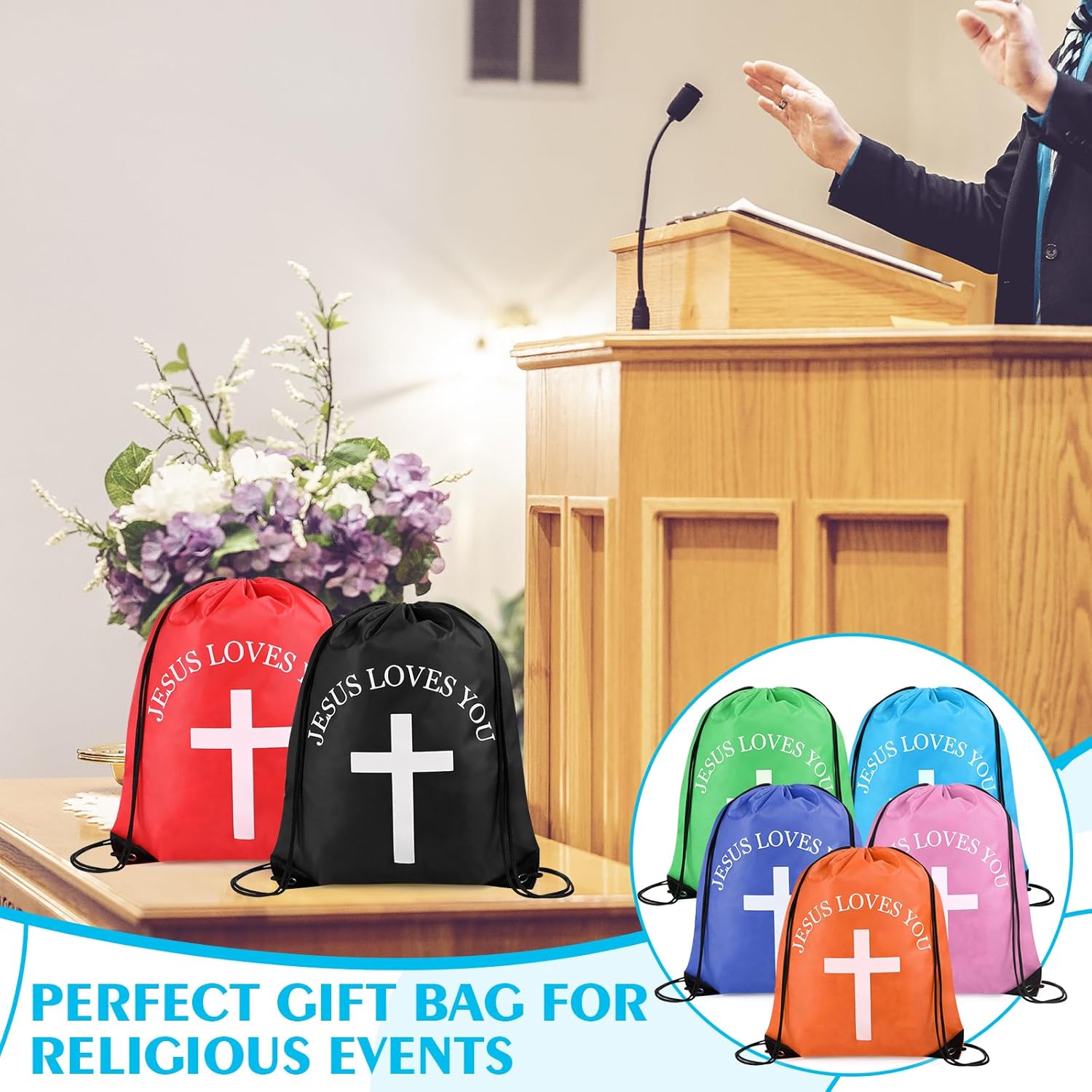 Jesus Loves You Drawstring Backpack Bulk Easter Church Gifts Christian Religious Gift Bag Polyester Backpack(Multicolor,30 Pcs) - Image 4