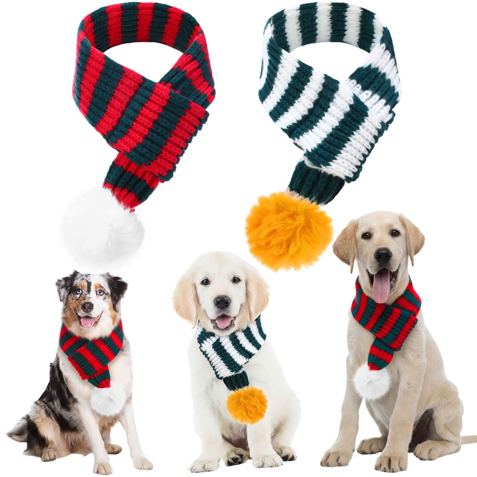 JaGely 2 Pieces Christmas Dog Knitted Scarf Holiday Cute Scarf for Small Medium Cat Xmas Winter Dog Bandanas Decor for Pet(Green and White, Red and Green,Striped) 23.62 inches