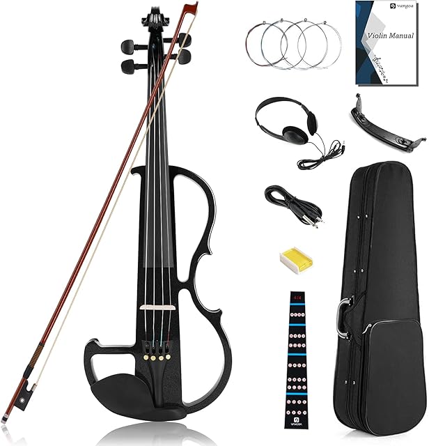 Vangoa Full Size 4/4 Solid Wood Electric Silent Violin with Chin Rest, Ebony Fittings, Carrying Hard Case, Extra Strings, Audio Cable, Rosin, Upgraded Bow, Black
