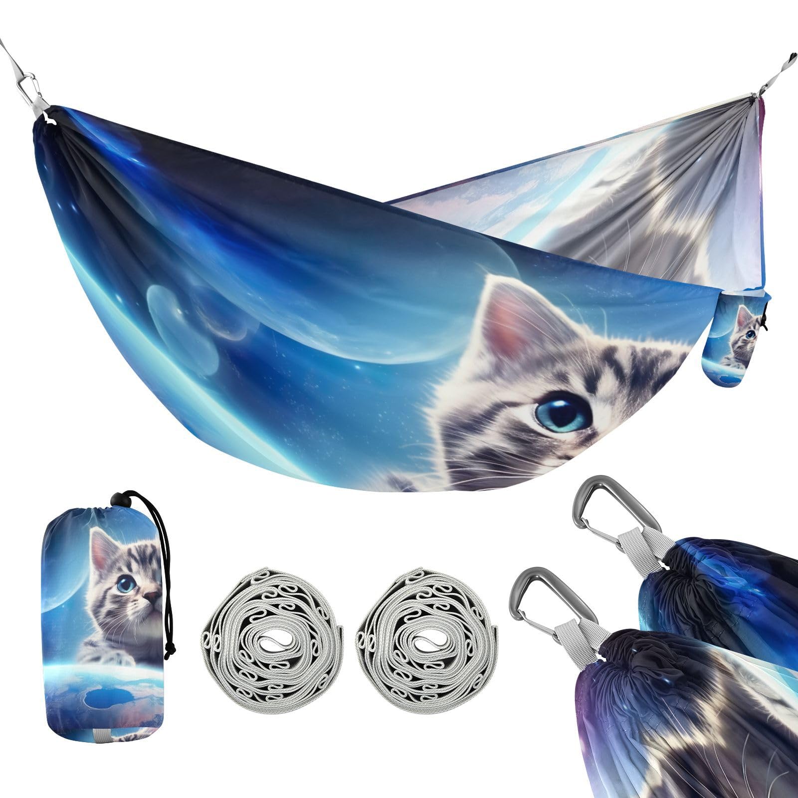 SDMKA Cat in Space Camping Hammock, 330 lbs with 2 Tree Straps, Carry Bag, Single Portable Hammock for Outdoor/Indoor, Hiking, Beach, Backpacking, Travel