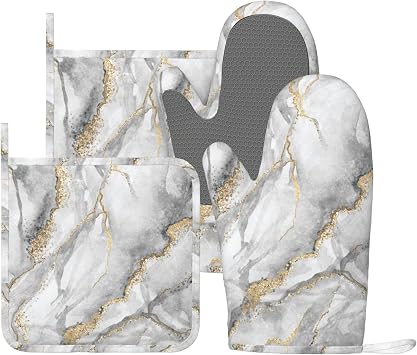 Marble Gold Gray Fashion Oven Mitts and Pot Holders Sets of 4, Heat Resistant Silicone Oven Mittens and Potholders Gloves Hot Pads for Kitchen Cooking Baking Grilling BBQ Chef