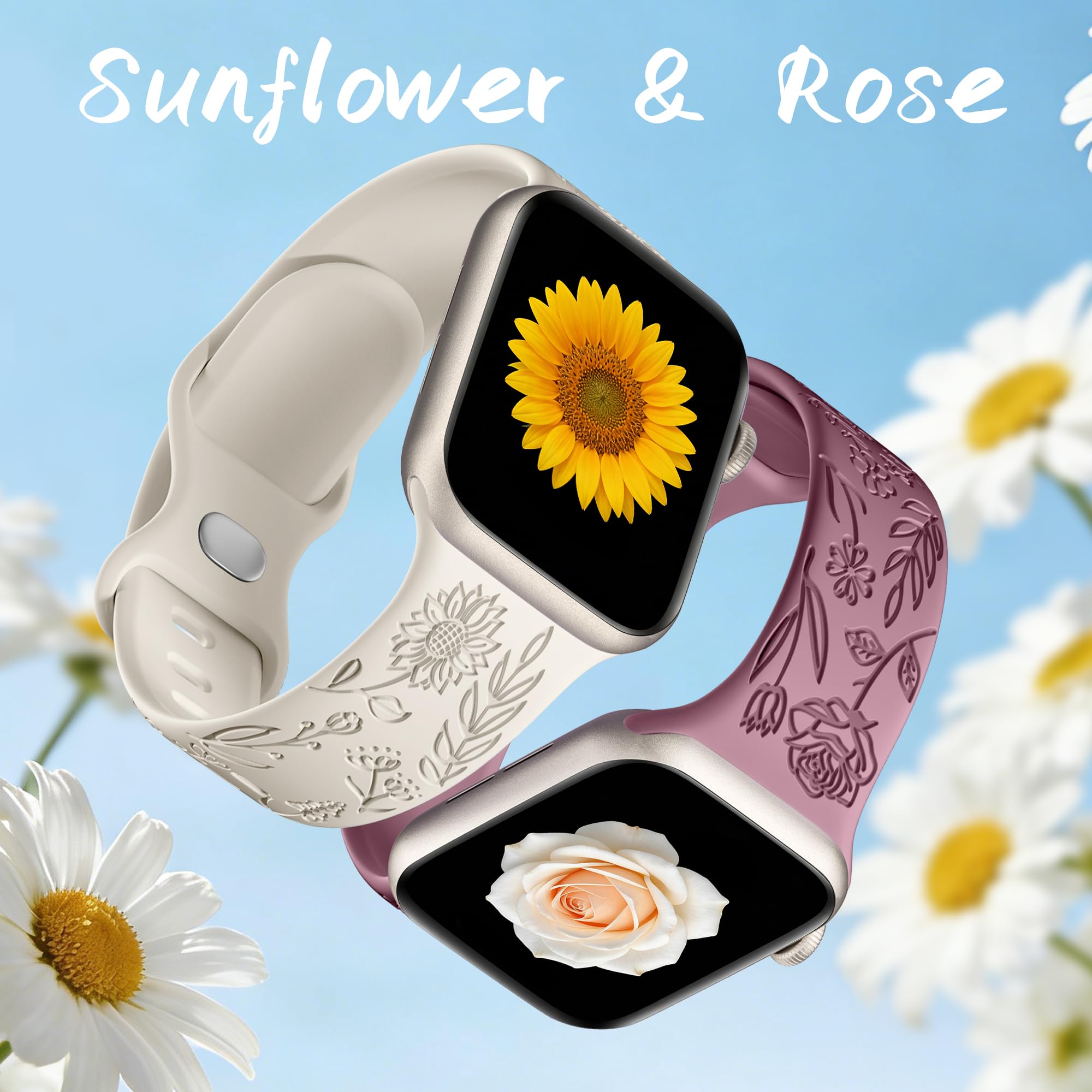 SNBLK 6 Pack Floral Engraved Bands Compatible with Apple Watch Bands 40mm 41mm 42mm 38mm 44mm 45mm 46mm 49mm Women Men, Silicone Flower Pattern Strap for iWatch Series 11 10 Se Ultra 9 8 7 6 5 4 3 2 1 - 5